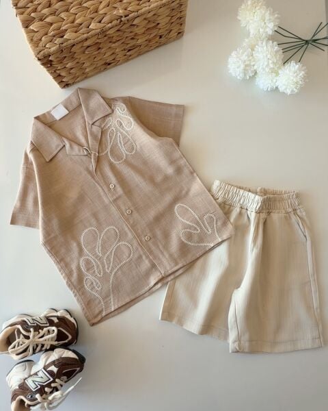 Asar Kids Kordon Nakış Palmiye Desenli Şortlu Takım - Kahve Krem