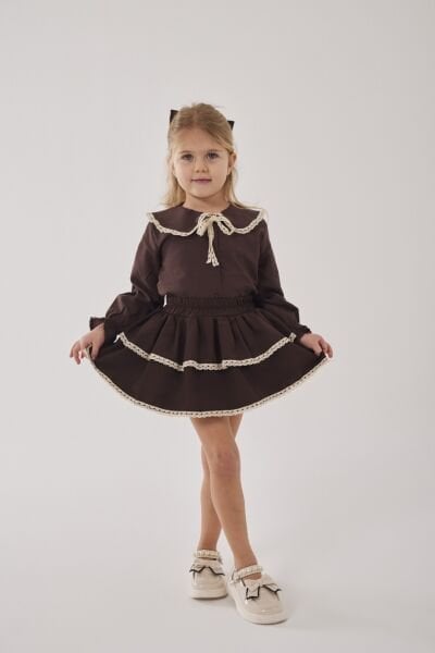 Asarkids İnce Fisto Detaylı Fırfır Etekli 2'li Takım - Kahve