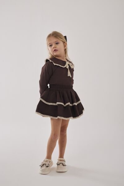 Asarkids İnce Fisto Detaylı Fırfır Etekli 2'li Takım - Kahve