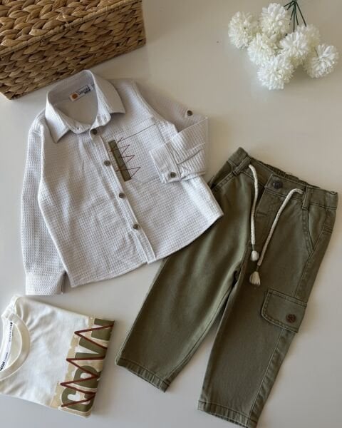 Asarkids Gofre Ceketli 3'lü Takım - Yeşil Krem