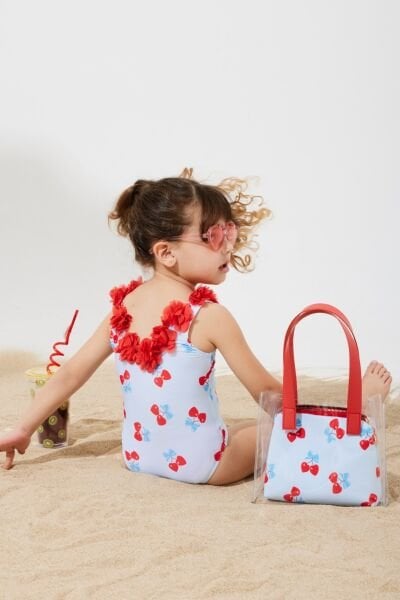 Asarkids Kiraz Desenli Sırtı Çiçekli Mayo - Kırmızı
