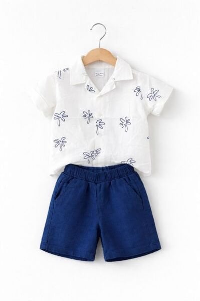 Asar Kids Minik Palmiye Desenli Müslin Keten 2'li Takım - Lacivert