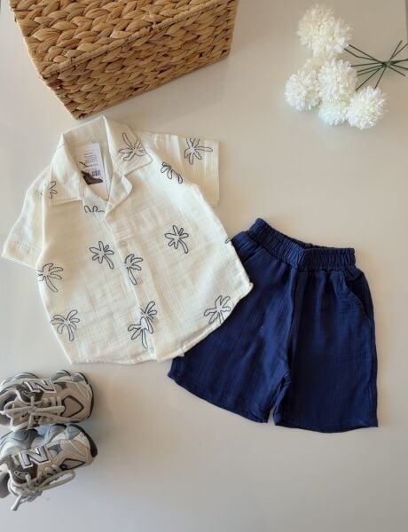 Asar Kids Minik Palmiye Desenli Müslin Keten 2'li Takım - Lacivert