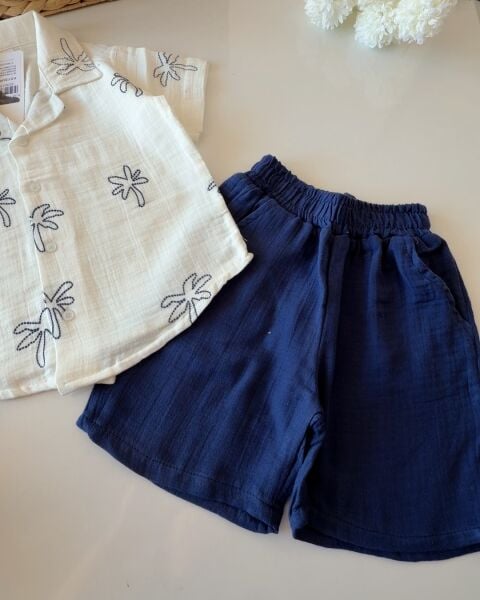 Asar Kids Minik Palmiye Desenli Müslin Keten 2'li Takım - Lacivert