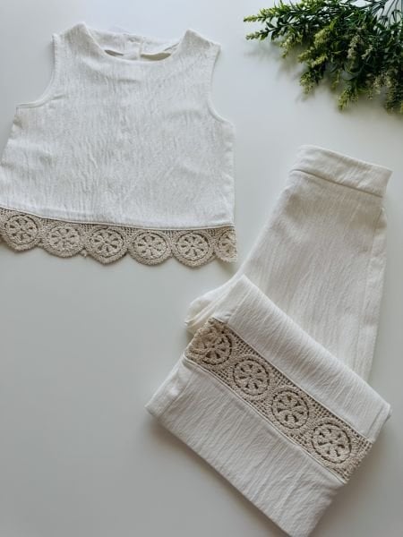 Fistolu Hafif Crop Azra Takım - Krem