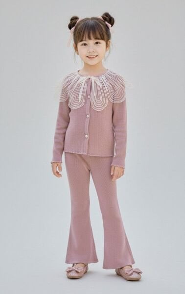 Yakası Aksesuarlı Ribana Taytlı Takım - Gül Kurusu