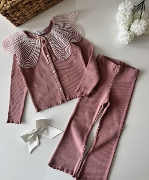 Yakası Aksesuarlı Ribana Taytlı Takım - Gül Kurusu