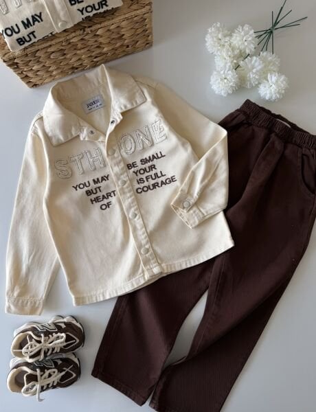 Asarkids Sthone Sloganlı 2'li Takım - Kahve Krem