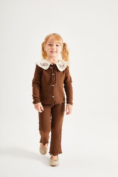 Yaka Nakışlı Ribana Taytlı Takım - Kahve