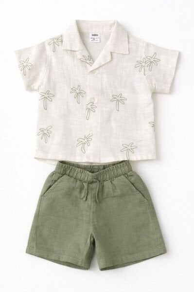 Asar Kids Minik Palmiye Desenli Müslin Keten 2'li Takım - Yeşil