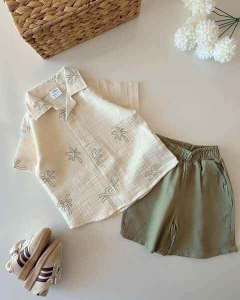 Asar Kids Minik Palmiye Desenli Müslin Keten 2'li Takım - Yeşil