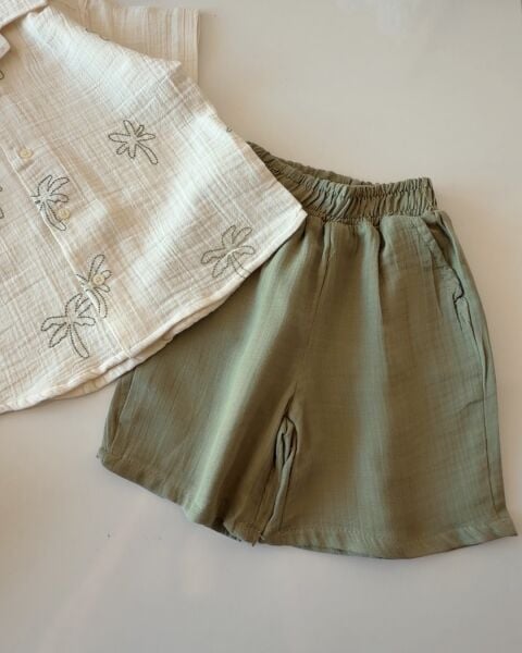 Asar Kids Minik Palmiye Desenli Müslin Keten 2'li Takım - Yeşil