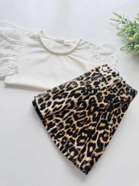 Leopar Etekli Bluz Takım - Kahve