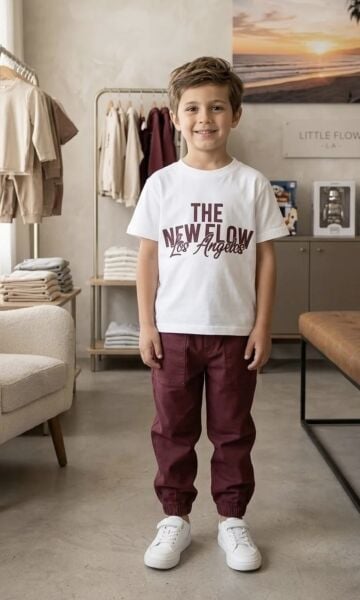 Asar Kids Los Angeles Sloganlı Eşofman Takımı - Beyaz Bordo