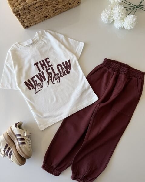 Asar Kids Los Angeles Sloganlı Eşofman Takımı - Beyaz Bordo