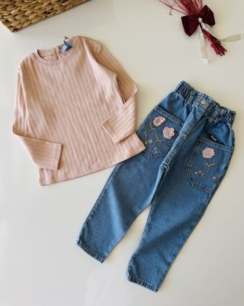 Pamuklu Fitilli Uzun Kollu Tshirt - Pudra