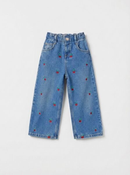 Kiraz Nakışlı Beli Hafif Büzgülü Pantolon - Mavi