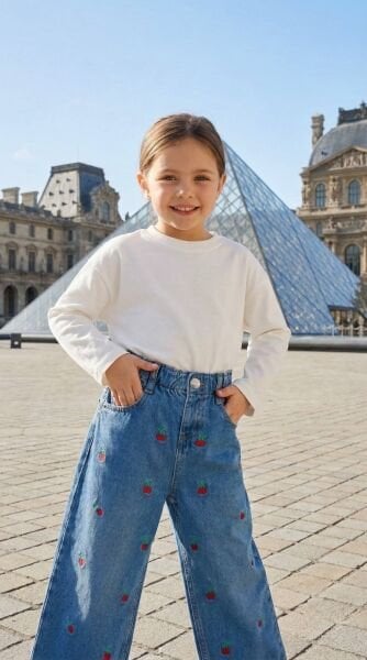 Kiraz Nakışlı Beli Hafif Büzgülü Pantolon - Mavi