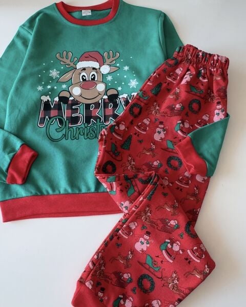 Geyik Baskılı Yeni Yıl Pijama Takımı - Yeşil Kırmızı