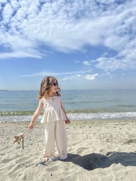 Asar Kids Çiçek Nakışlı Keten 2'li Takım - Krem