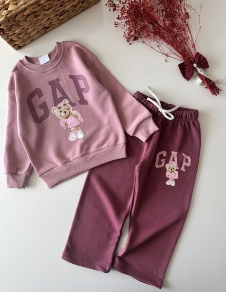 Logolu Ayıcık Baskılı Eşofman Takımı - Gül Kurusu