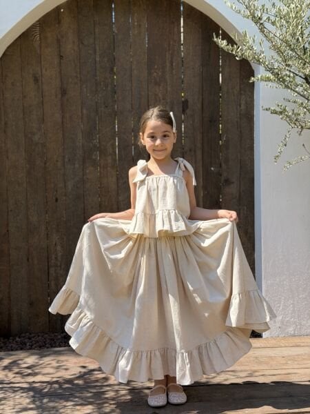 Asar Kids Keten Uzun Etekli 2'li Takım - Bej