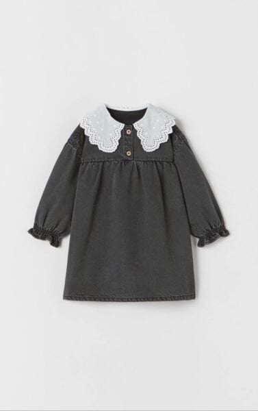 Dantel Yaka Denim Elbise - Füme