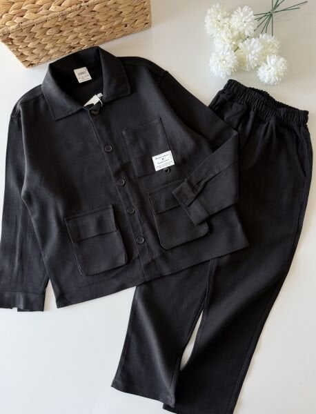 Asarkids Keten Ceketli Takım 2'li Takım - Siyah