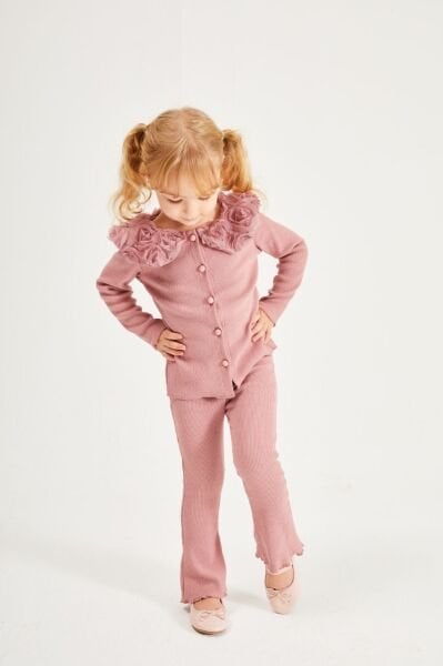 Gül Yaka Detaylı Ribana Takım - Gül Kurusu