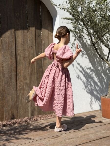 Asar Kids Gofre Uzun Etekli Elbise - Pembe