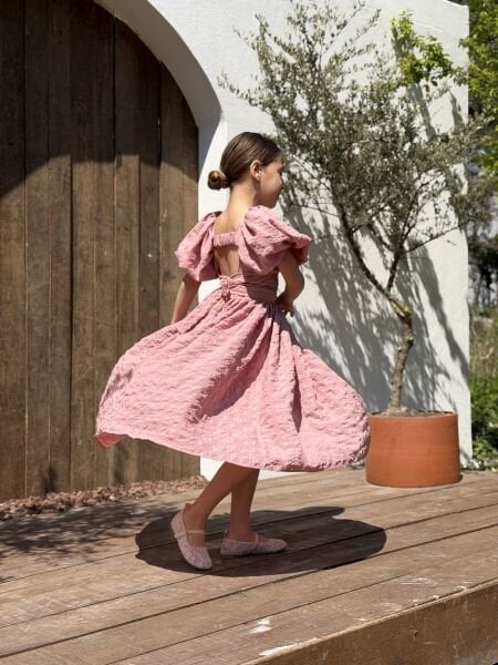Asar Kids Gofre Uzun Etekli Elbise - Pembe