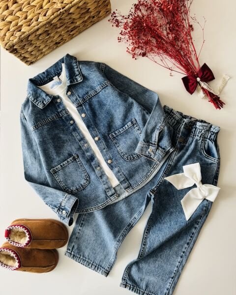 Denim Ceketli Pantolonlu 2'li Set - Mavi