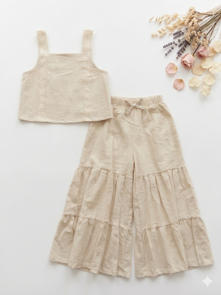 Asar Kids Keten Bol Paça Pantolonlu Askılı 2'li Takım - Krem