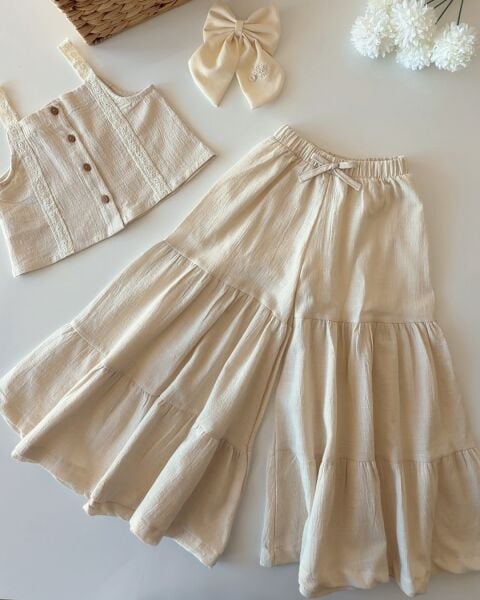 Asar Kids Keten Bol Paça Pantolonlu Askılı 2'li Takım - Krem