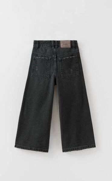 Yırtık Detaylı Bol Paça Denim Pamtolon - Siyah