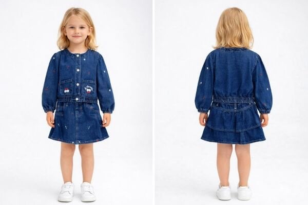 Asarkids Kiraz Nakışlı Denim 2'li Takım - Koyu Mavi