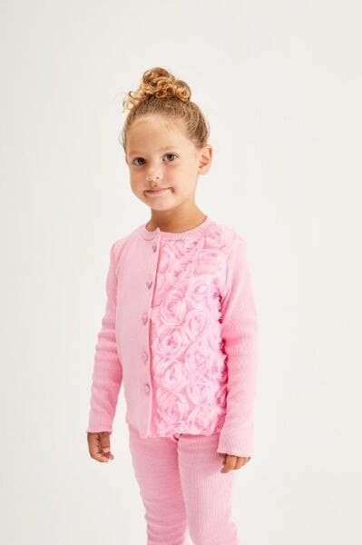 Tek Taraf Gül Aplikeli Ribana Takım - Pembe