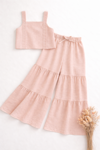 Asar Kids Keten Bol Paça Pantolonlu Askılı 2'li Takım -Pudra