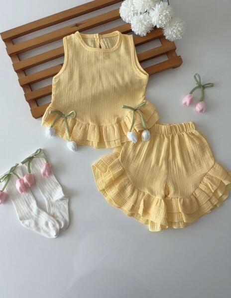 Asarkids Lale Aplikeli Müslin 2'li Takım - Sarı