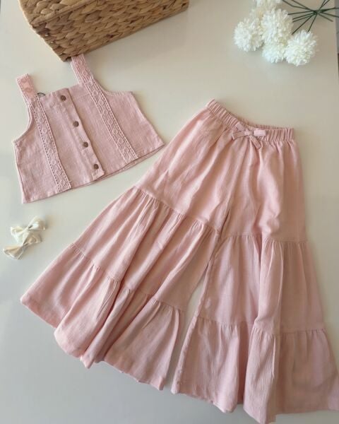 Asar Kids Keten Bol Paça Pantolonlu Askılı 2'li Takım -Pudra