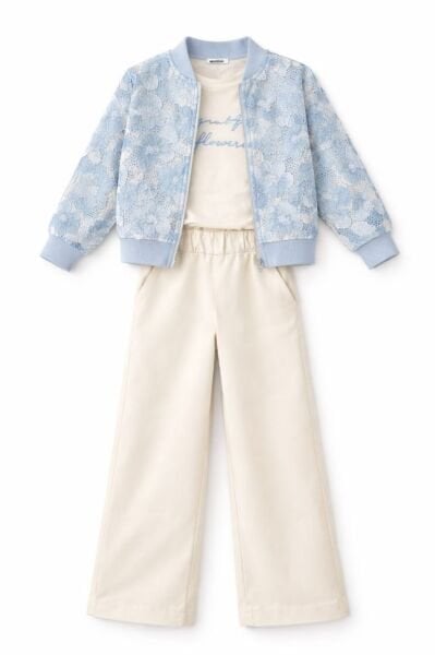 Asarkids Dokuma İşlemeli Ceket Pantolon Takım - Mavi Krem