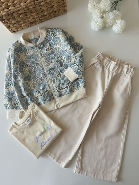 Asarkids Dokuma İşlemeli Ceket Pantolon Takım - Mavi Krem