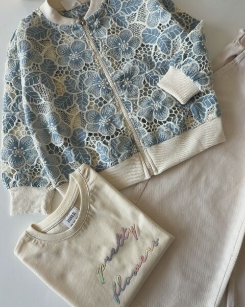 Asarkids Dokuma İşlemeli Ceket Pantolon Takım - Mavi Krem