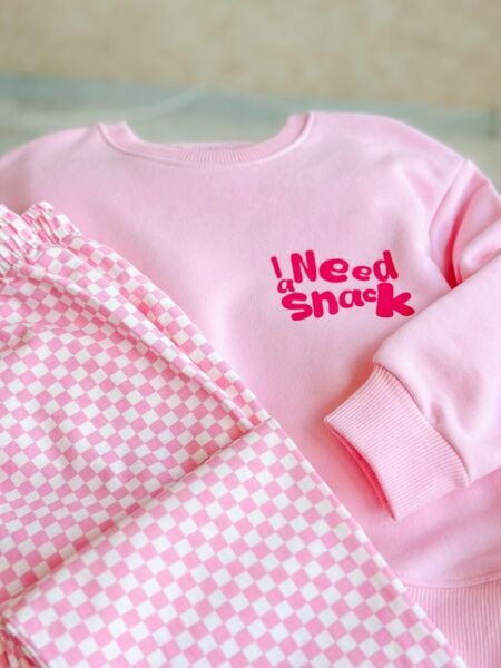 Slogan Snack Damalı Takım - Pembe