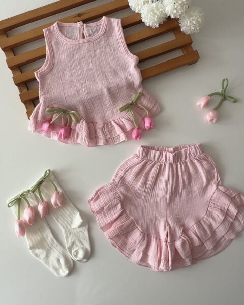 Asarkids Lale Aplikeli Müslin 2'li Takım - Pembe