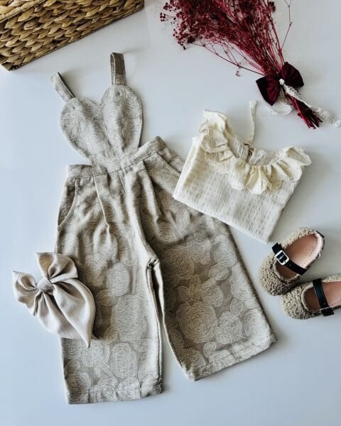 Kalp Kesim Desenli 2’li Salopet - Krem