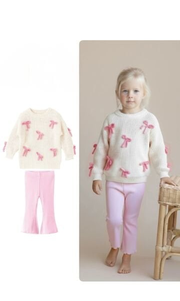 Fiyonk Aplikeli Triko Kazaklı Taytlı Takım - Pembe