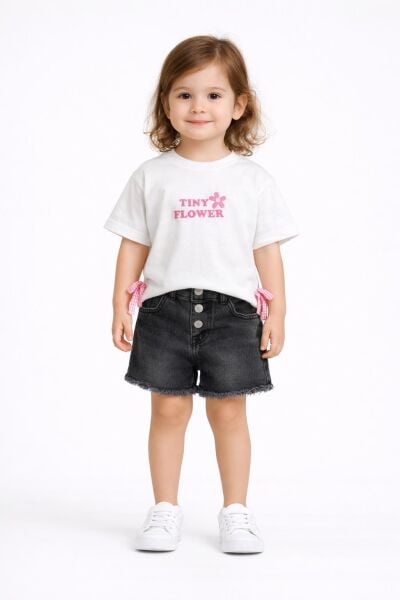 Asarkids Tiny Flower Fiyonk Aplikeli Tişört - Beyaz