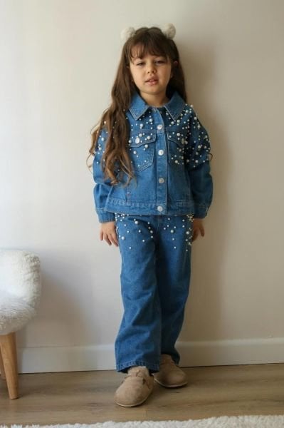 İnci İşlemeli Denim Ceket Pantolon 2'li Set - Mavi