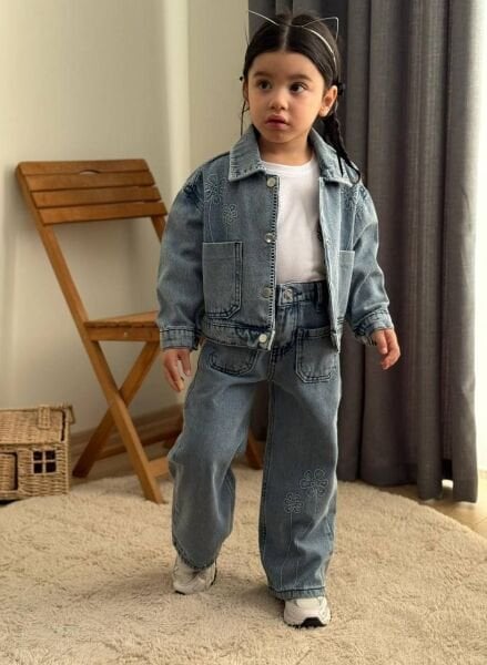 Ceketi Nakışlı 3'lü Gabardin Takım - Mavi